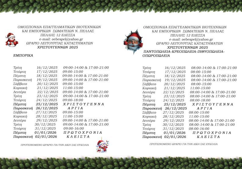 ΠΡΟΓΡΑΜΜΑ ΚΑΤΑΣΤΗΜΑΤΩΝ ΧΡΙΣΤΟΥΓΕΝΝΑ 2025